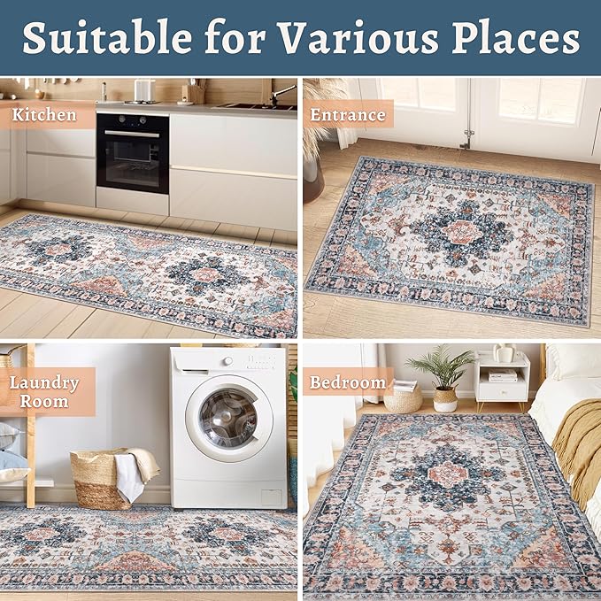 Tangsoo Hallway Runner Rugs 2.6x14 Washable Runner Rug for Hallways, Non Slip Vintage Soft Low Pile Long Rug Runner, Oriental Carpet Runners for Kitchen Bedroom Entryway Living Room
