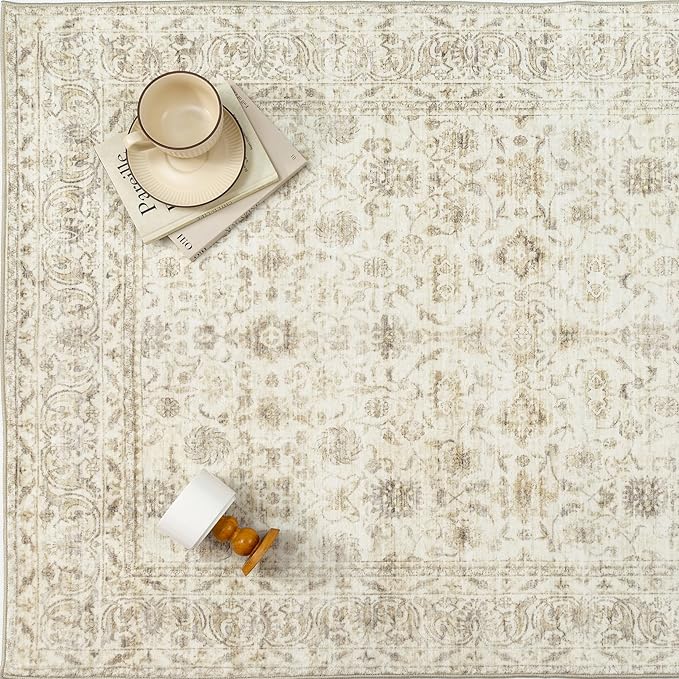 PureCozy 8x10 Area Rug Machine Washable Living Room Bedroom Vintage Distressed Non Slip Carpet Indoor Large Low Plie Thin Beige Dining Room Office Retro Accent Throw Rug