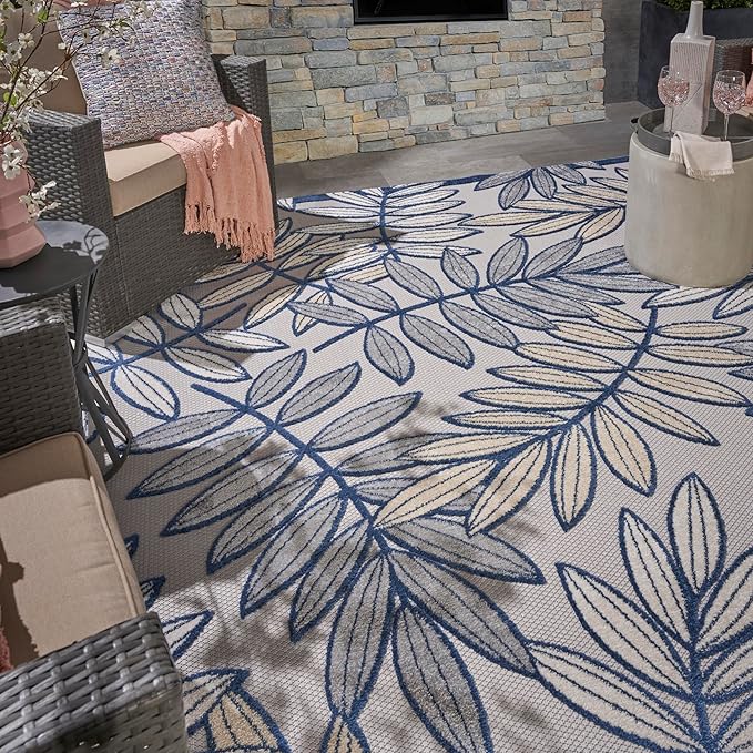 Nourison Home Aloha Ivory/Navy 5'3" x 7'5" Area Rug - Easy Clean, Non Shedding, Bed Room, Living Room, Dining Room, Kitchen (5' x 8')