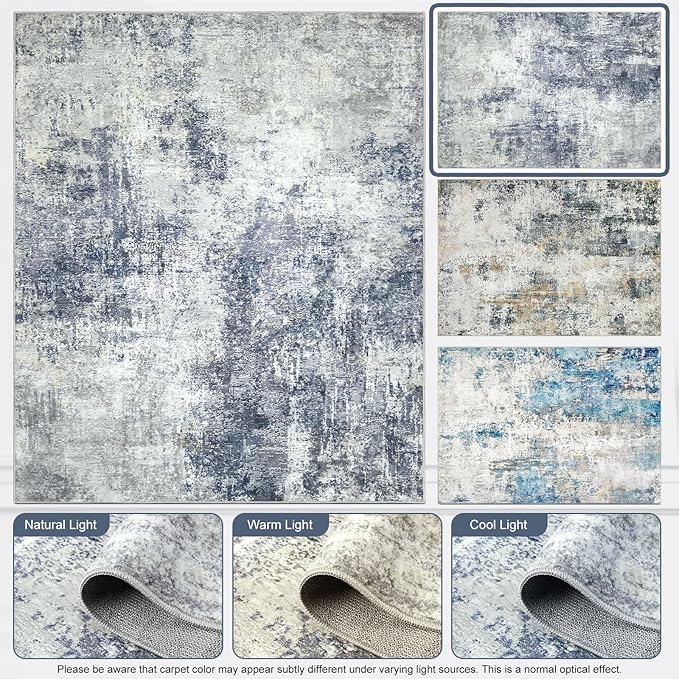 AREAMAY Washable Area Rug 5x7 - Neutral Modern Abstract Rugs, Soft Non Slip Thin Carpet with for Bedroom, Under Dining Room Table, Home, Office, Dorm, Office Rolling Chair - Indigo Gray