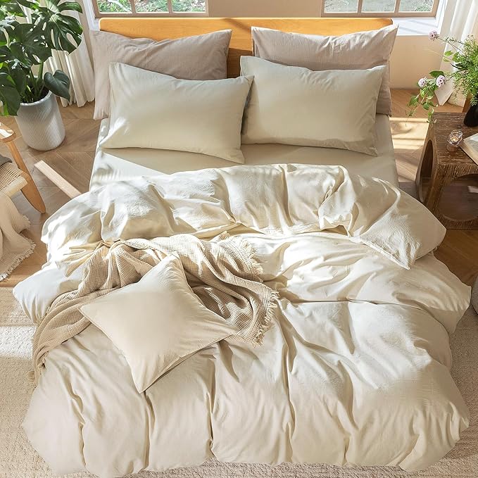 MooMee Bedding Duvet Cover Set 100% Washed Cotton Linen Like Textured Breathable Durable Soft Comfy (Heathered Almond Milk Grey, Twin 68"x90")