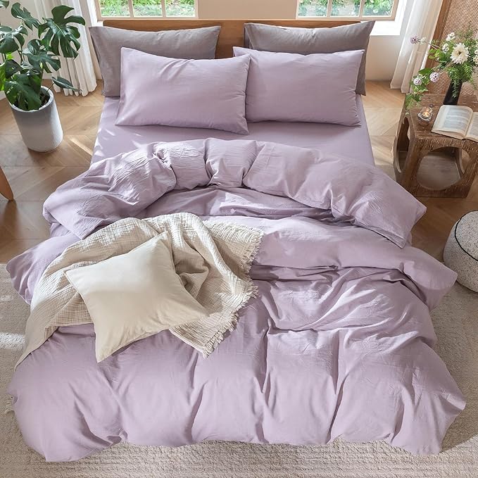 MooMee Bedding Duvet Cover Set 100% Washed Cotton Linen Like Textured Breathable Durable Soft Comfy (Heathered Light Purple, Palatial King/Oversized King 120"x98")