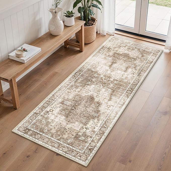 BESBLEE Runner Rug 2'6''x6 Non Slip Machine Washable Vintage Hallway Runner Rug, Low PileLight Weight Rugs for Entryway, Hallway, Kitchen and Corridor, Latte Beige