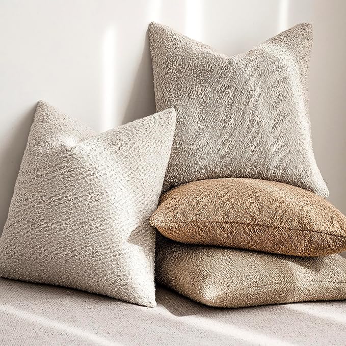 Foindtower Textured Boucle Throw Pillow Covers Accent Solid Pillow Cases Cozy Soft Decorative Couch Cushion Case for Chair Sofa Bedroom Living Room Home Decor, 20 x 20 Inch,Light Beige