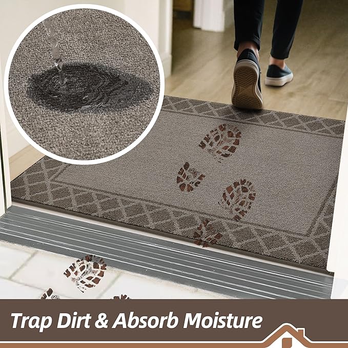 BEQHAUSE Door Mat Dirt Trapper Non Slip Entryway Rugs Absorbent Welcome Mat Low Profile Washable Front Door Mat for Muddy Paws,Entrance,Hallway, 24" x 36", Brown