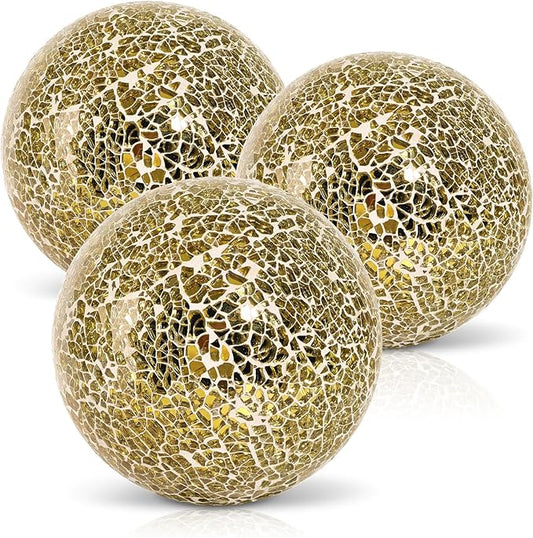 DomeStar 3PCS Decorative Balls, 4inch Mosaic Glass Orbs Centerpiece Balls Gold Orbs for Decorate Bowls Vases Tables Wedding Party