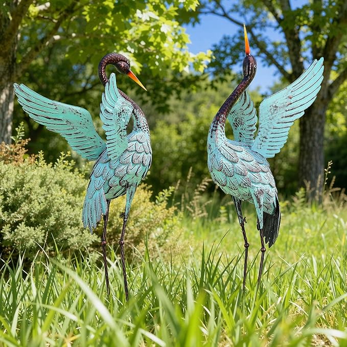 47.5" Extra-Large Blue Heron Decor, Handcrafted Metal Crane Statues with Stable U-Ground Stakes, Backyard Decoration, Metal Garden Bird Animal Yard Art, Lawn Ornament