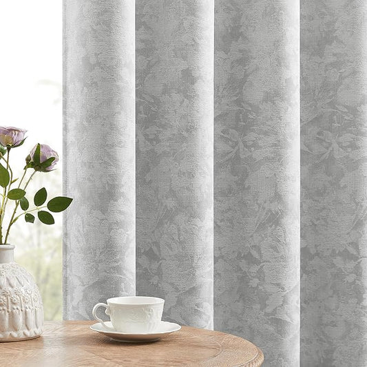 Beauoop Grey Floral Jacquard Blackout Curtains 84 Inches Long 2 Panels for Bedroom Living Room Chenille Flower Room Darkening Thermal Insulated Soundproof Rod Pocket Back Tab Window Drapes, 52x84