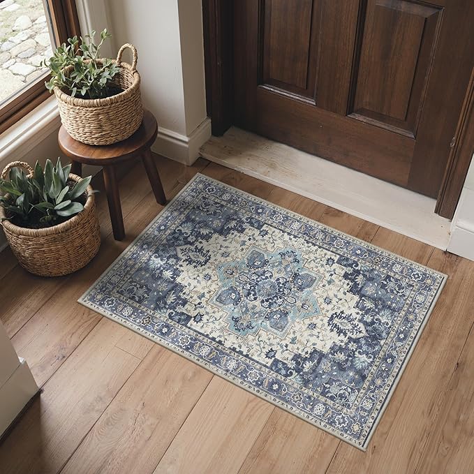 BESBLEE Area Rug 2x3 Doormat, Machine Washable Low Pile Vintage Rugs, Small Lightweight Rug Entryway Indoor Mat for Entrance, Hallway, Kitchen and Corridor, Center Blue
