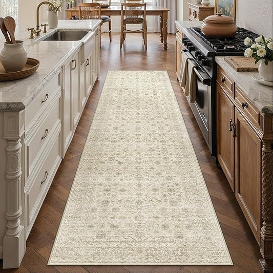 PureCozy 2x8 Runner Rug Machine Washable Hallway Kitchen Vintage Distressed Non Slip Carpet Indoor Small Long Low Pile Thin Beige Bedroom Bathroom Retro Accent Throw Rug Laundry Living Room