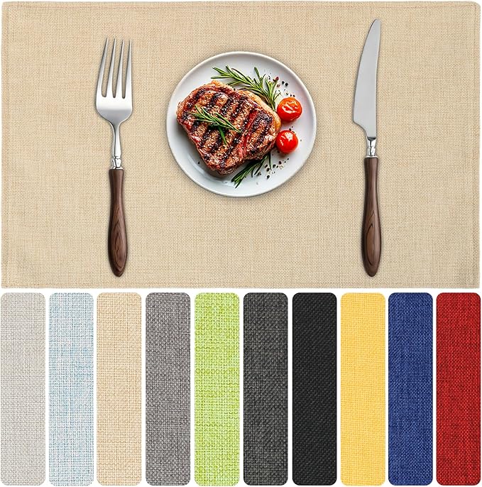 Blue Forest Placemats Set of 4, Dual-Layered Thickened Faux Linen Table Mats Heat Resistant Machine Washable Wrinkle Free Place Mats for Kitchen Dining Outdoor/Indoor (Beige)