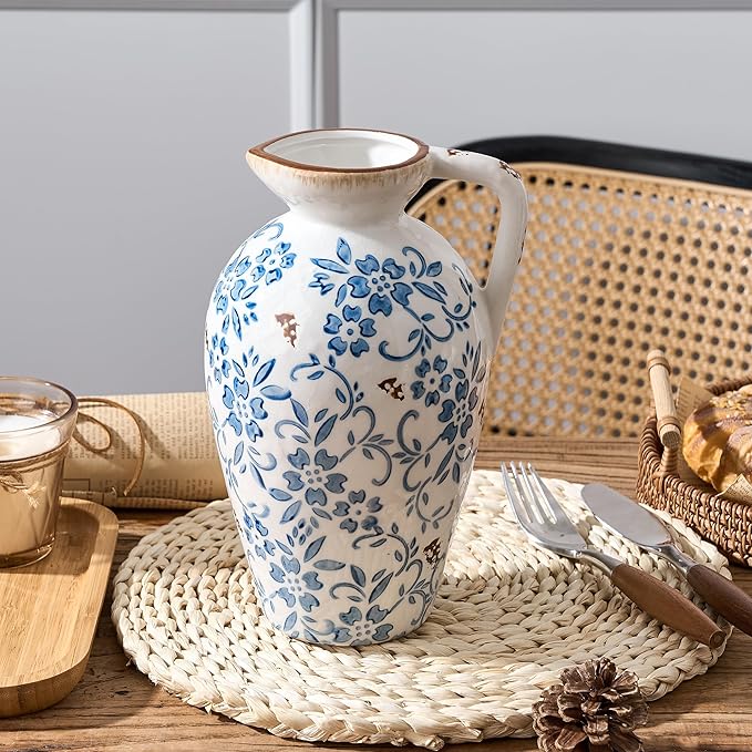 Blue-and-White Porcelain Antique Vase, 8.9 Inch Vintage Chinoiserie Floral Vase, Rustic Ceramic Vase for Home Decor, Living Room, Bookshelf, Office, Entryway, Garden, Chinoiserie Decor, Tuscan Decor