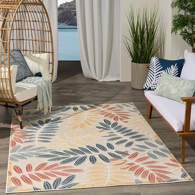 Nourison Home Aloha Ivory Blue 3'6" x 5'6" Area Rug - Easy Clean, Non Shedding, Bed Room, Living Room, Dining Room, Kitchen (4' x 6')