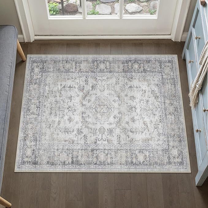 PureCozy 2x3 Grey Entryway Rug Vintage Area Carpet Indoor Kitchen Washable Door Mat Entrance Small Low Pile Traditional Distressed Retro Accent Throw Boho Rug Non Slip Office Bathroom