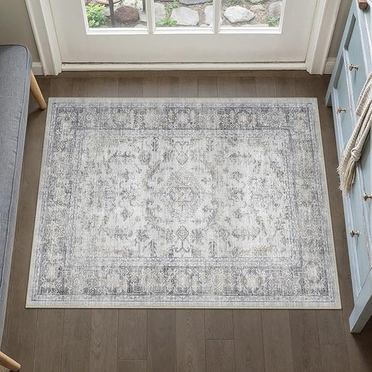 PureCozy 2x3 Grey Entryway Rug Vintage Area Carpet Indoor Kitchen Washable Door Mat Entrance Small Low Pile Traditional Distressed Retro Accent Throw Boho Rug Non Slip Office Bathroom
