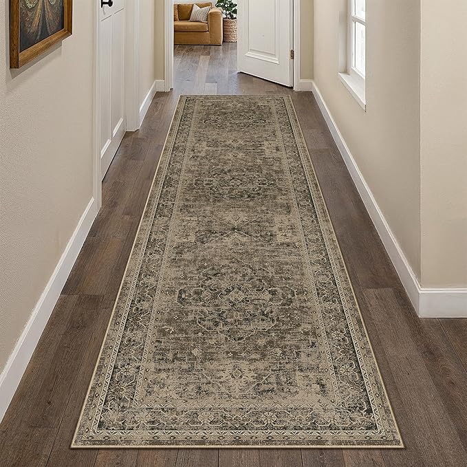 PureCozy Hallway Runner Rug 2x8 Washable Brown Vintage Distressed Long Runner Oriental Soft Thin Indoor Carpet Non Slip Low Pile Throw Rug for Kitchen Bedroom Laundry Bedside Entryway