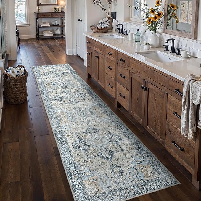 BESBLEE Runner Rug 2'6''x10, Non Slip Vintage Hallway Runner Rugs, Low Pile Lightweight Machine Washable Mat for Hallway, Entryway, Bedroom, Kitchen and Corridor, Blue