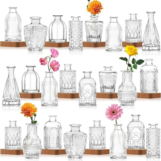 INFTYLE Vintage Flower Vase Set of 24, Clear Glass Bud Vases for Decor, Wedding, Party