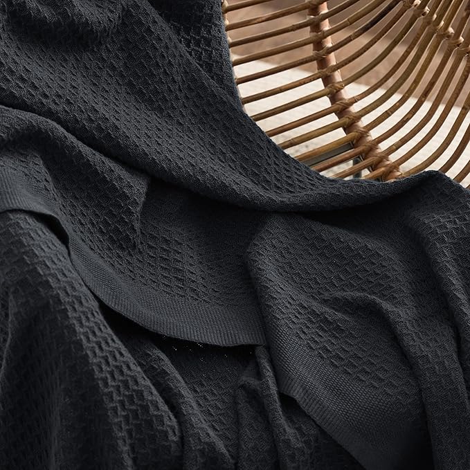 Bedsure Gentlesoft 100% Cotton Blanket Twin XL Size for College Dorm - Breathable and Soft, Waffle Weave Twin Blanket for Summer, Dorm Room Essentials, Black, 66x90 inches