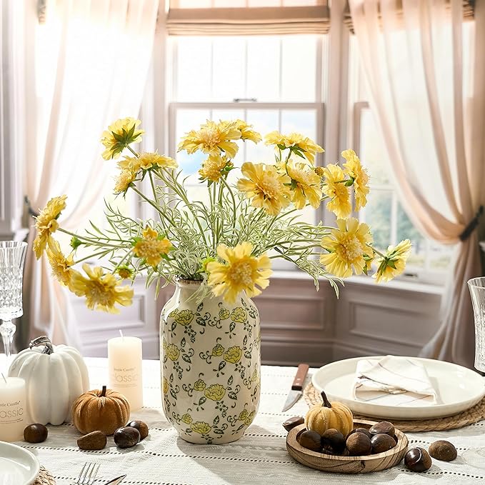SIDUCAL Ceramic Vintage Pastoral Vase, 8.78 Inch Chinoiserie Floral Vase, Retro Ice Cracked Rustic Farmhouse Vases for Home Decor, Living Room, Bookshelf, Office, Tuscan Decor, Yellow Rose Pattern