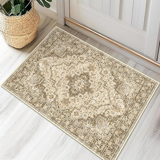 Fortsea Area Rug 2x3 Washable Door Mat, Vintage Distressed Rug Indoor Entrance Traditional Thin Rug, Floral Print Non Slip Carpet for Kitchen Bathroom Bedroom Living Room (Brown, 2X3)
