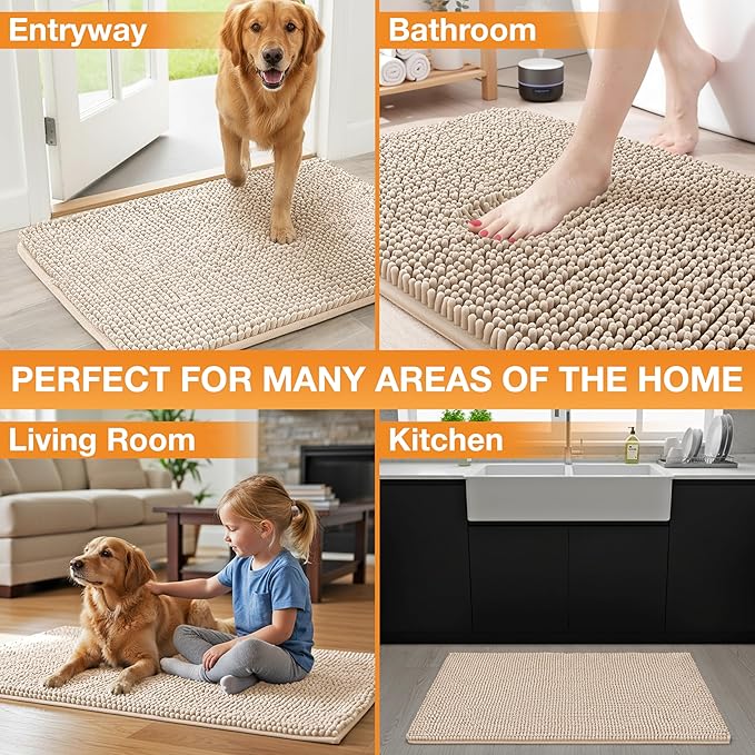 Neater Pets Chenille Dog Door Mat 30” x 20” – Super Absorbent & Quick-Dry Muddy Paws Doormat for Trapping Dirt, Water, Mud - Non-Slip & Machine Washable Pet Rugs for Entryway, Indoor Mud Mats, Beige