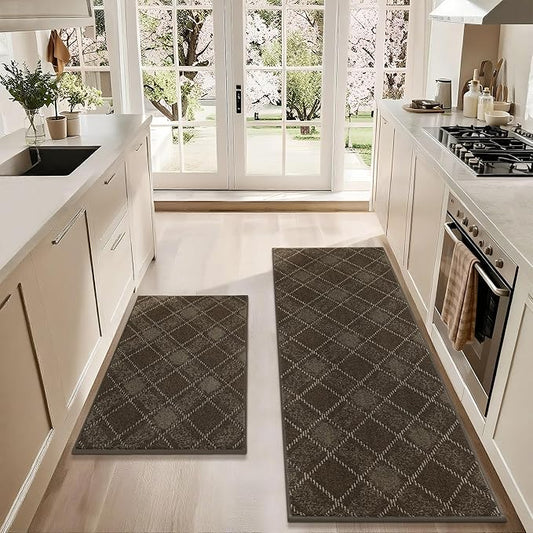 COSY HOMEER Kitchen Rugs and Mats Sets 2PCS Non-Slip Soft Kitchen Mats for Floor Absorbent and Stain Resistant Kitchen Floor Mat Washable Plaid Rugs for Kitchen,24"x36"+24"x60",Brown