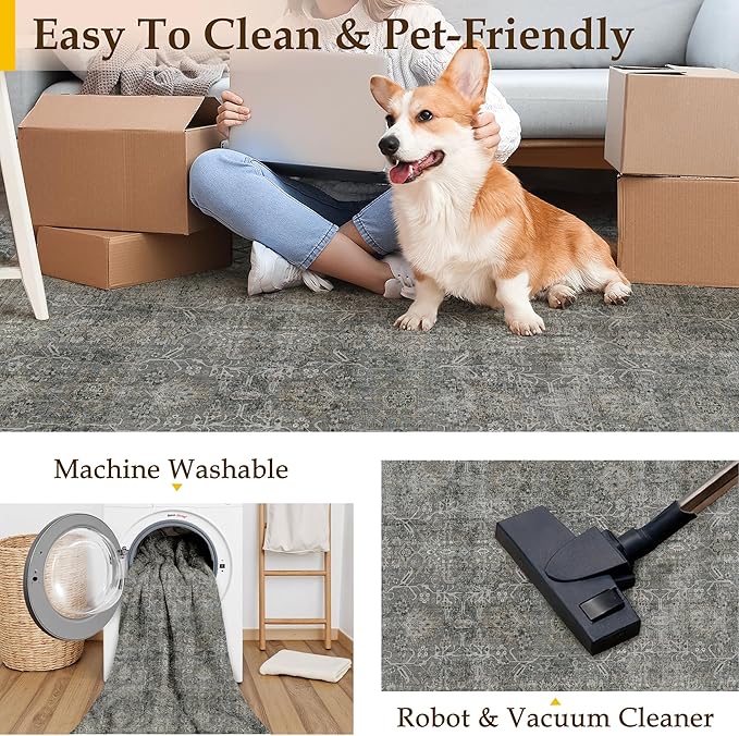 PureCozy Vintage Area Rug 8x10 Grey Brown Washable Living Room Large Carpet Non Slip Bedroom Indoor Office Low Pile Traditional Distressed Retro Accent Rug for Dining Room