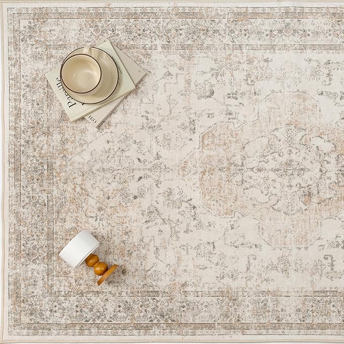 PureCozy 8x10 Washable Area Rug Beige Vintage Distressed Large Rug for Living Room Oriental Soft Thin Indoor Retro Carpet Non Slip Low Pile Floor Cover for Bedroom Dining Room Office Nursery
