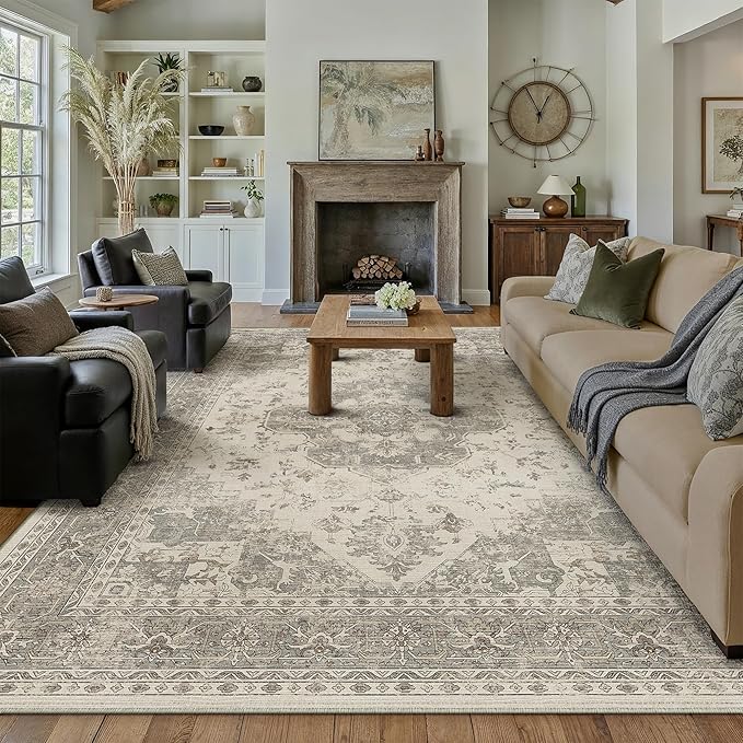 PureCozy 6x9 Washable Area Rug Beige Grey Vintage Distressed Large Rug for Living Room Oriental Soft Thin Indoor Retro Gray Carpet Non Slip Low Pile Floor Cover for Bedroom Dining Room Office Nursery