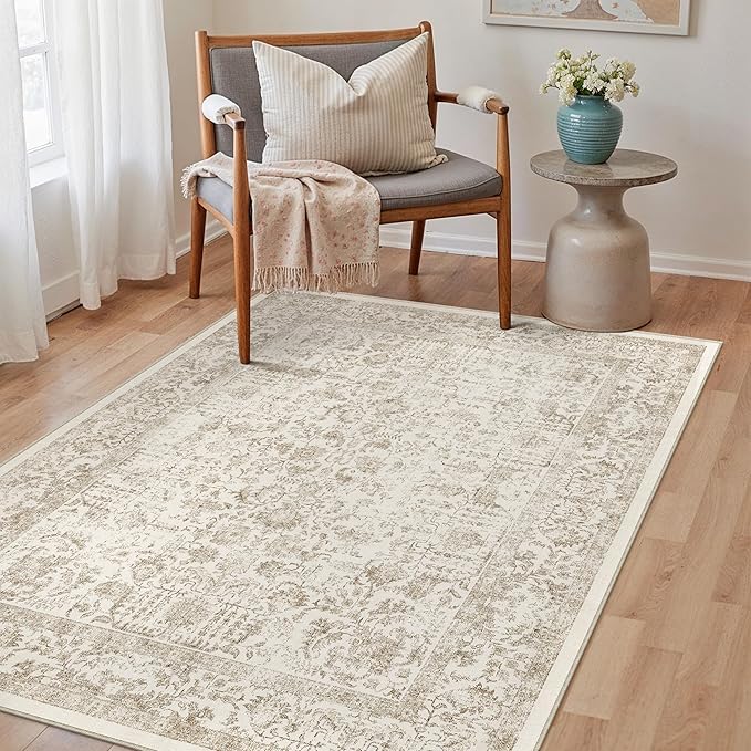 PureCozy Light Brown Area Rug 3x4 Office Entryway Rug Machine Washable Kitchen Vintage Distressed Non Slip Carpet Indoor Retro Floral Accent Throw Door Mat for Bathroom Bedroom Dining Living Room