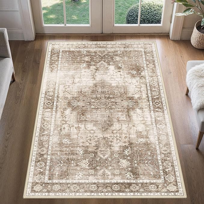 BESBLEE 3x5 Area Rugs for Living Room, Machine Washable Non Slip Vintage Rugs, Low Pile Lightweight Print Rug for Bedroom, Dining Room, Home Office, Latte Beige