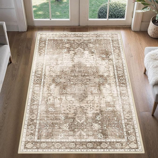 BESBLEE 3x5 Area Rugs for Living Room, Machine Washable Non Slip Vintage Rugs, Low Pile Lightweight Print Rug for Bedroom, Dining Room, Home Office, Latte Beige