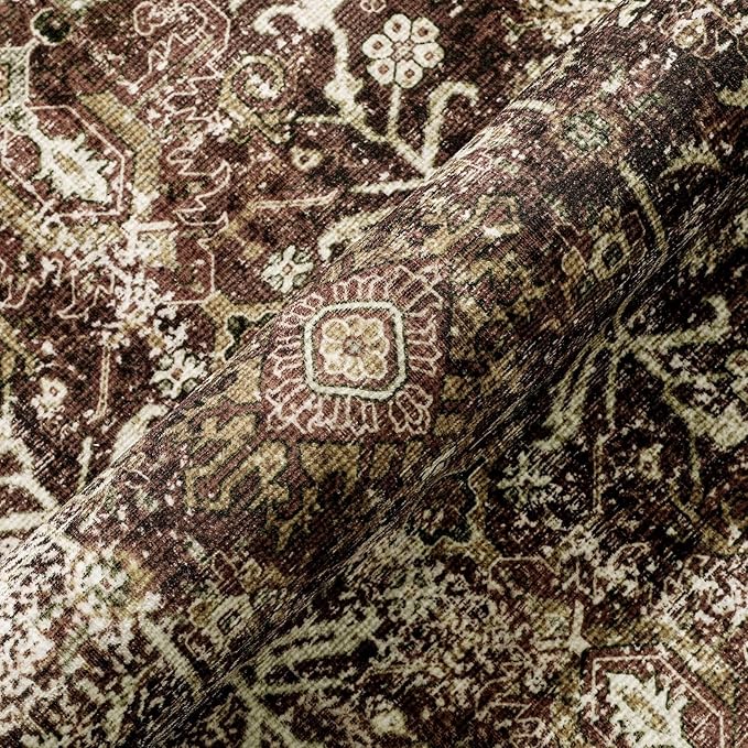 PureCozy Vintage Area Rug 5x7 Rust Red Washable Living Room Large Carpet Non Slip Bedroom Indoor Office Low Pile Traditional Distressed Retro Accent Rug for Dining Room Bathroom Kitchen
