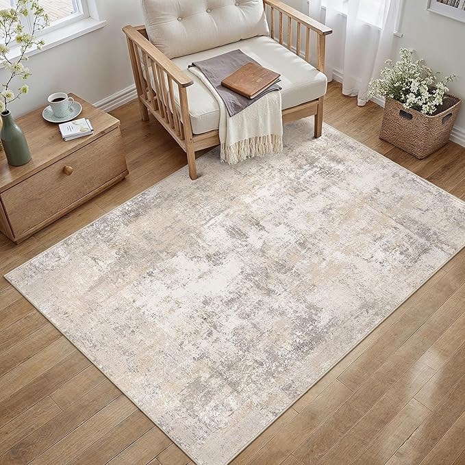 WondRg 3x5 Washable Area Rug Beige Grey Abstract Entryway Office Throw Rug Neutral Modern Non Slip Soft Low Pile Small Carpet for Kitchen Living Room Bedroom Entrance