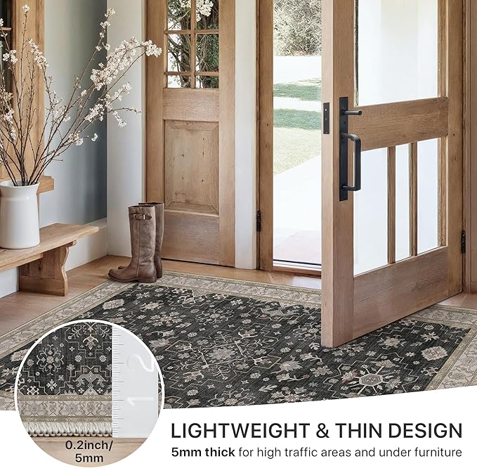 GENIMO 2'6‘’x8 Runner Rug,Machine Washable Non-Slip Vintage Rugs,Low Pile Lightweight Carpet for Bedroom,Hallway,Entryway,Kitchen,Bathroom,Black