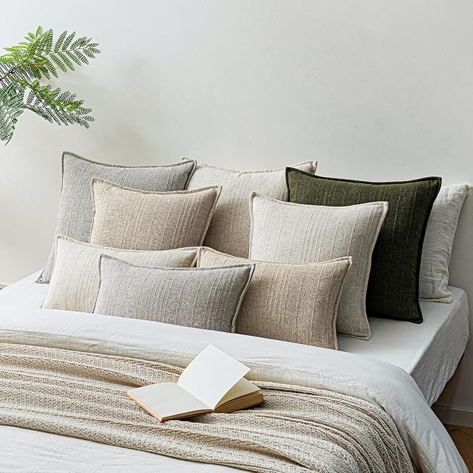 a moment Linen Pillow Covers Set of 2,Boho Farmhouse Throw Pillowcases Neutral Textured Decorative Covers for Couch Sofa Bed, Soft Linen Blend Accent Case Cushion Living Room Home Decor 20"x20"Ivory