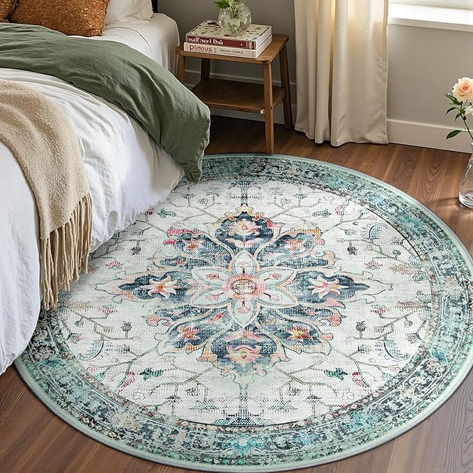 RELEANY Area Rugs 4ft Washable Non-Slip, Floral Vintage Distress Print Pattern Medallion Carpet for Living Room Bedroom Dining Room, Green Navy Blue White Red Teal Colorful