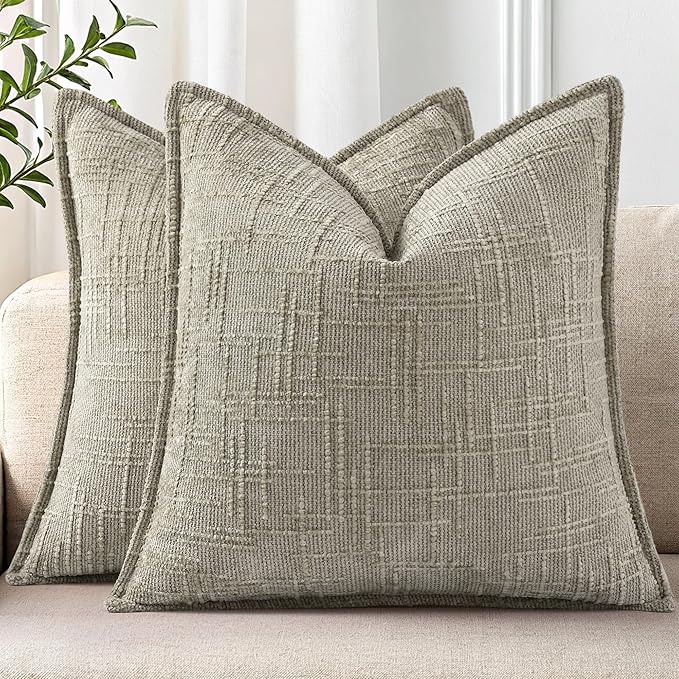 decorUhome Chenille Throw Pillow Covers 16x16 Set of 2, Thick Textured Slubby Neutral Decorative Pillow Covers with Elegant Design for Couch, Sofa, Living Room, Light Brown