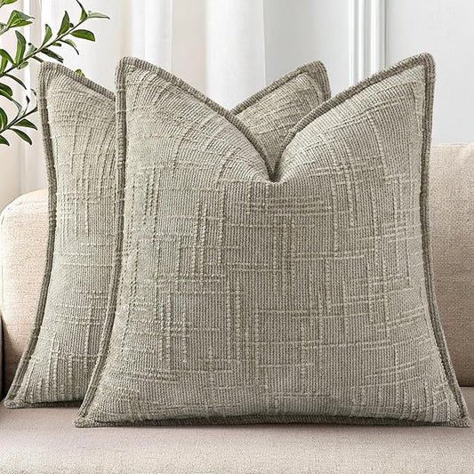 decorUhome Chenille Throw Pillow Covers 16x16 Set of 2, Thick Textured Slubby Neutral Decorative Pillow Covers with Elegant Design for Couch, Sofa, Living Room, Light Brown