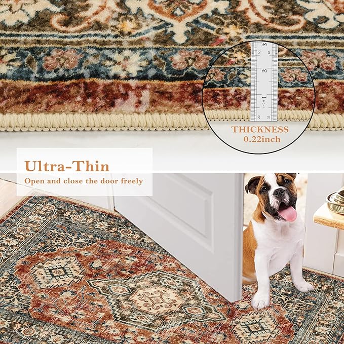Lahome Oriental Washable Small Area Rug, 2x3 Rugs for Entryway Kitchen, Ultra-Thin Soft Indoor Door Mat Non Slip Throw Carpet for Bedroom Bathroom, Brick Red