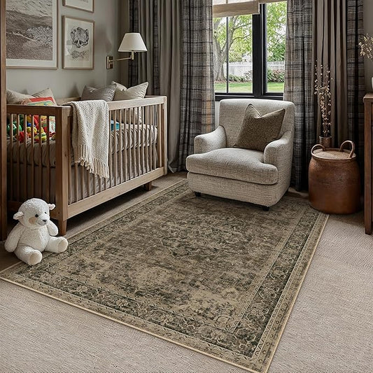 PureCozy Entryway Area Rug 3x5 Washable Brown Vintage Distressed Carpet Oriental Soft Thin Indoor Rug for Office Non Slip Low Pile Throw Rug for Kitchen Bathroom Bedroom Dining Living Room