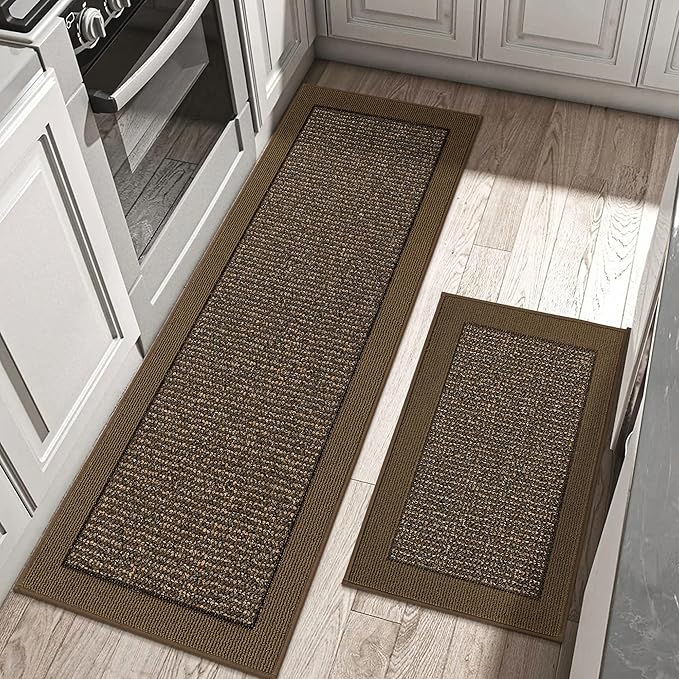 BEQHAUSE Kitchen Rugs and Mats Set of 2 Non-Slip Kitchen Mats for Floor, Absorbent and Stain Resistant Kitchen Runner, Machine Washable Rugs for Kitchen, Laundry & Sink, 24"x36"+24"x60", Brown