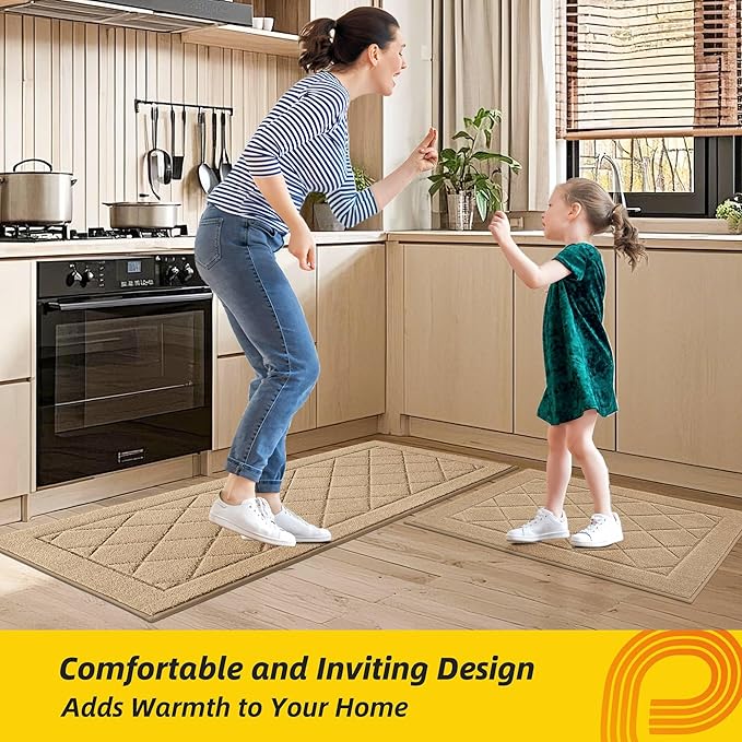JSEI Non-Slip Kitchen Rugs, Self Adhesive No Sliding Kitchen Mats Set of 2, Soft Washable Absorbent Floor Mat for Kitchen, Bathroom, Laundry Room, Bedroom, 20”x32”+32”x48”, Beige, Diamond Pattern