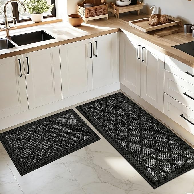 COSY HOMEER Kitchen Mats, 2 PCS Kitchen Rug Non Slip Washable, Absorbent Runner Rugs for Kitchen Floor, 100% Polypropylene Kitchen Sink Rug 20"x32" + 20"x48"(Black)