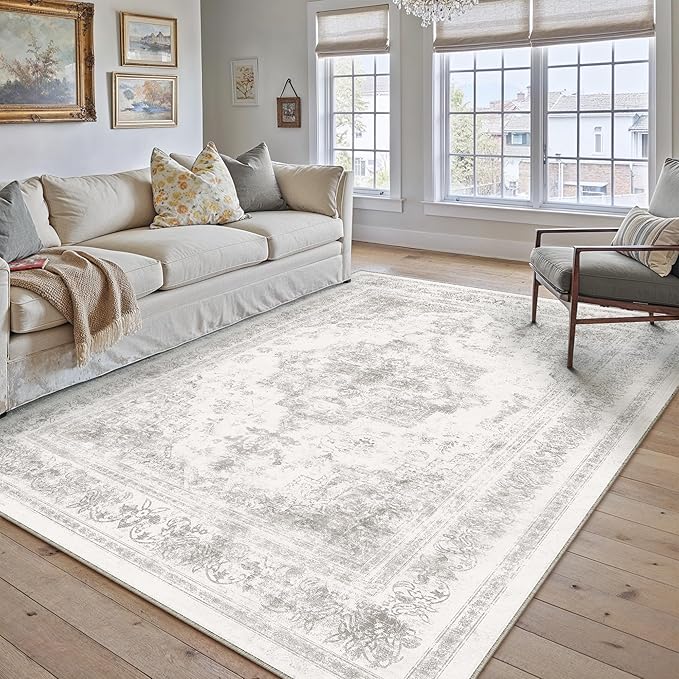 PureCozy Area Rug 5x7 Washable Light Gray Rug Vintage Boho Medallion Large Grey Distressed Retro Carpet for Living Room Non Slip Indoor Low Pile Small Soft Bedroom Dining Room Home Office