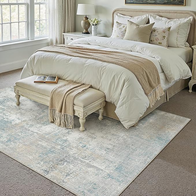 WondRg 6x9 Washable Area Rug Blue Cream Abstract Living Room Bedroom Carpet Neutral Modern Non-Slip Soft Low Pile Lightweight Vacuumable Throw Rug for Dining Room Kitchen