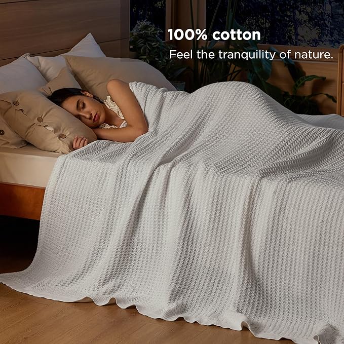 Bedsure Gentlesoft 100% Cotton Blanket Queen Size for Bed - Breathable and Soft for Spring Summer, Thick Cozy Waffle Weave Blanket Gifts for Women, White, 90x90 Inches