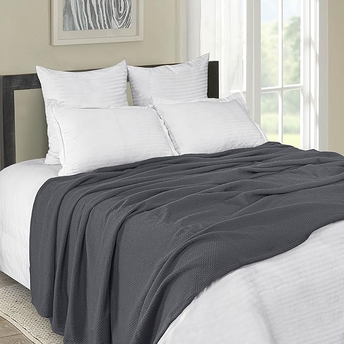 BOUTIQUO 100% Cotton Bed Blanket, Breathable Thermal Blanket King Size, Soft Honeycomb Waffle Blanket 90"x102", Cotton Bed Blanket, Perfect for Layering Any Bed for All Season, Charcoal Grey