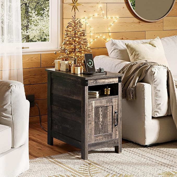 WLIVE End Table with Charging Station, Narrow Side Table for Living Room, Farmhouse Night Stand with Storage, Small Wooden Cabinet with USB Ports and Outlets for Living Room and Bedroom, Brown